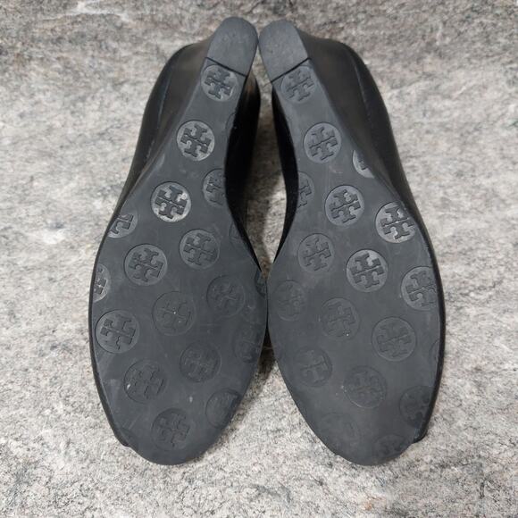 Tory Burch Selma Open Toe Wedge Women's Size 9.5 Black Leather Slip-On Designer - Picture 5 of 9